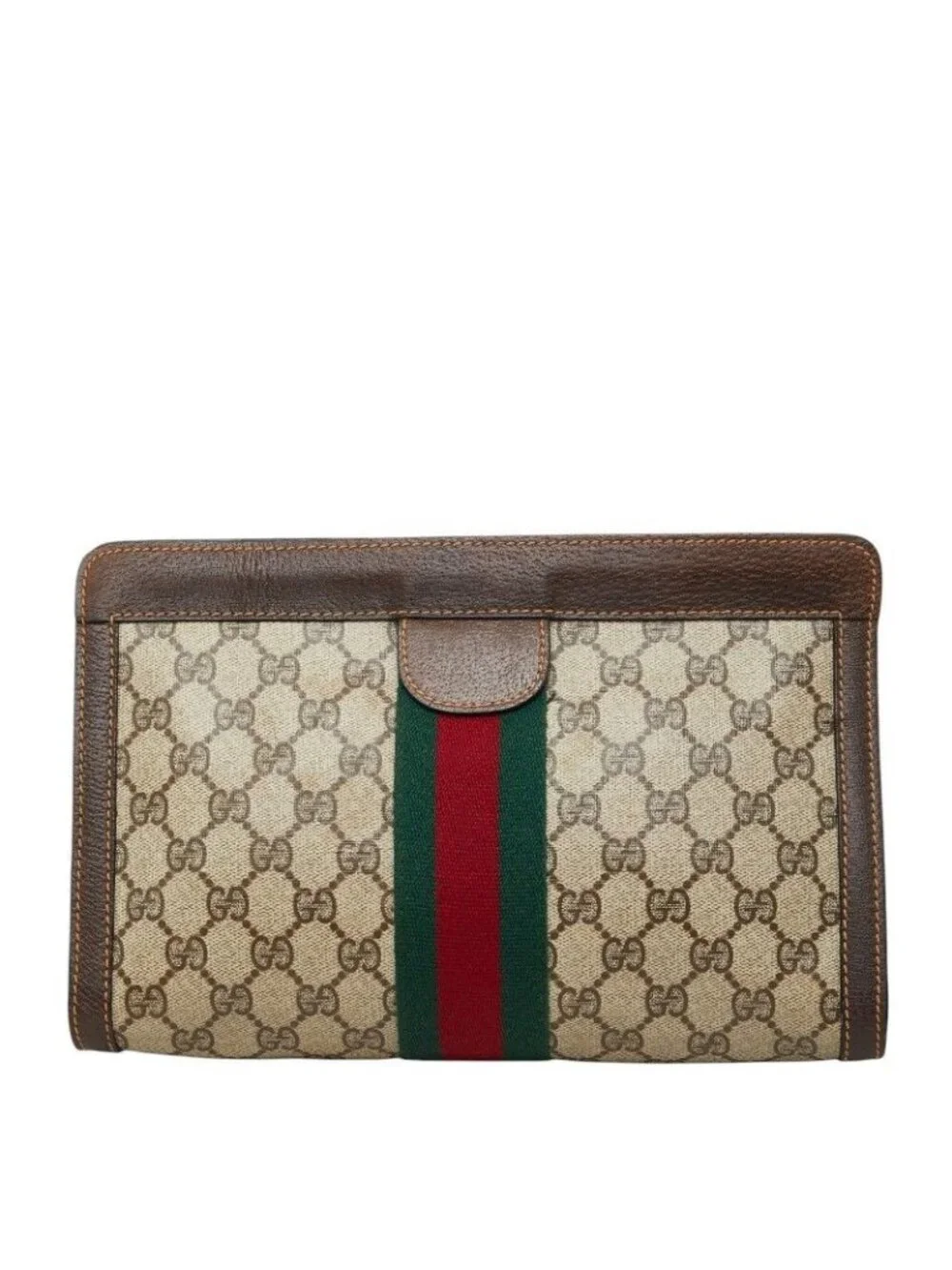 Gucci GG Supreme Vintage Sherry Line Clutch Beige Brown Leather